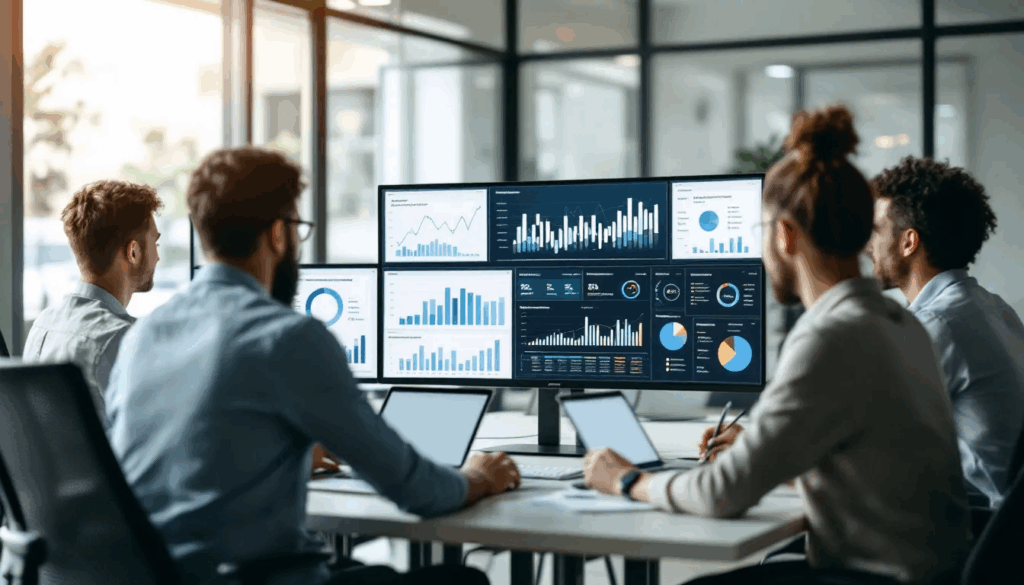 SEO Strategy: How to Build a Winning Search Engine Optimization Plan That Drives Results 1 CodeAd A business team is gathered around multiple computer screens, analyzing various SEO performance charts and graphs, which include data on organic search traffic and search engine results pages. They are focused on improving their digital marketing strategy through keyword research and understanding search intent to enhance their online visibility.